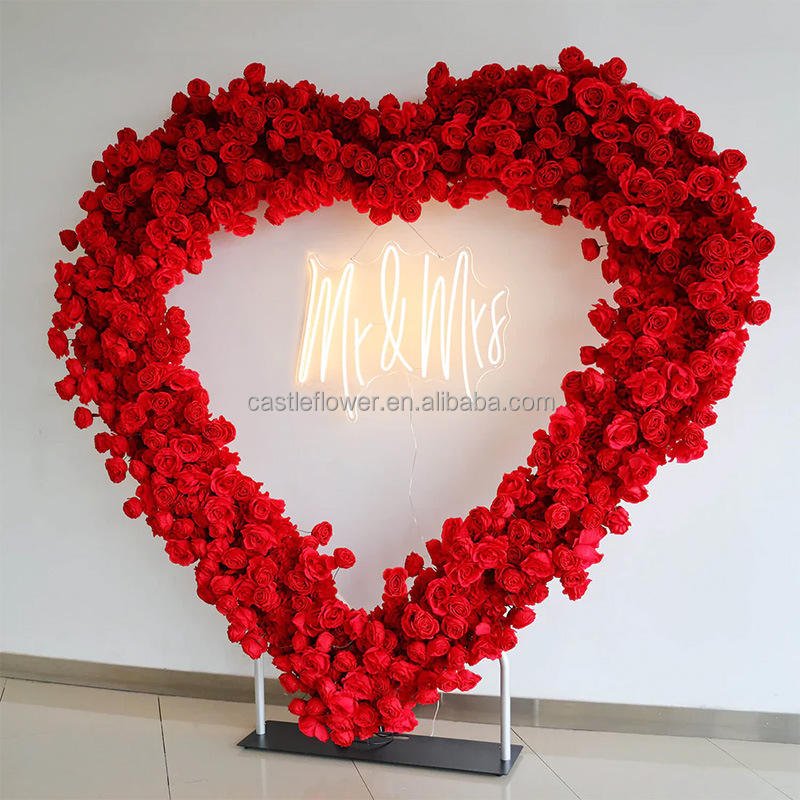 JCF502 Wholesale Heart Flower Arch Backdrop Heart Shaped Artificial Flower Arch Floral Red Rose Heart Arch Wedding Decoration