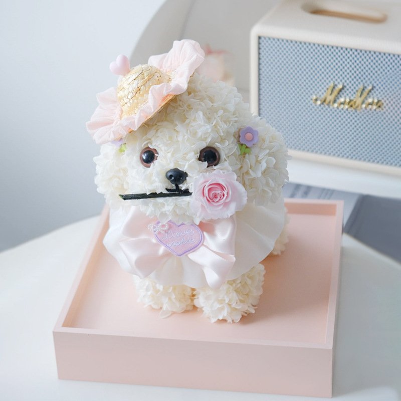 Handmade Exclusive toy dog Customized Vacation Puppy Preserved Hydrangea Flowers Crafts Dog Creative Valentine's Day gifts for