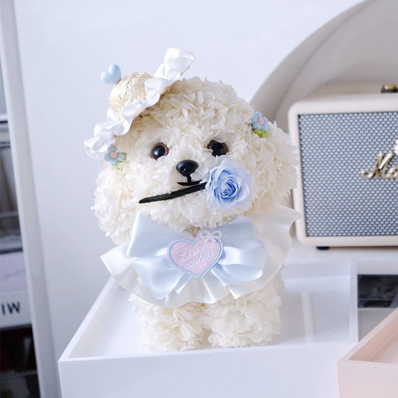 Handmade Exclusive toy dog Customized Vacation Puppy Preserved Hydrangea Flowers Crafts Dog Creative Valentine's Day gifts for