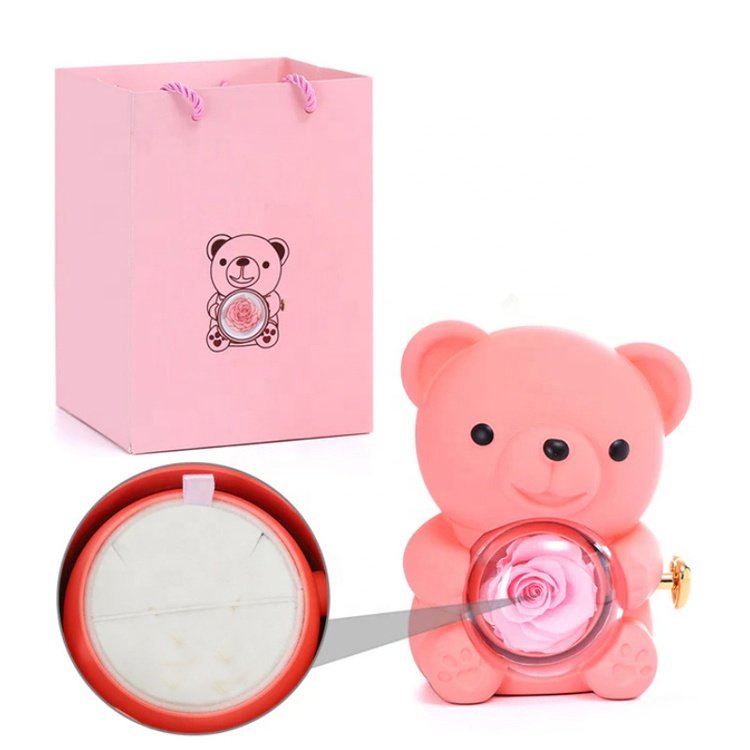 Gifts for The New Year Romantic Eternal Rose Bear Hug Bear Acrylic Rotating Gift Box for Jewelry