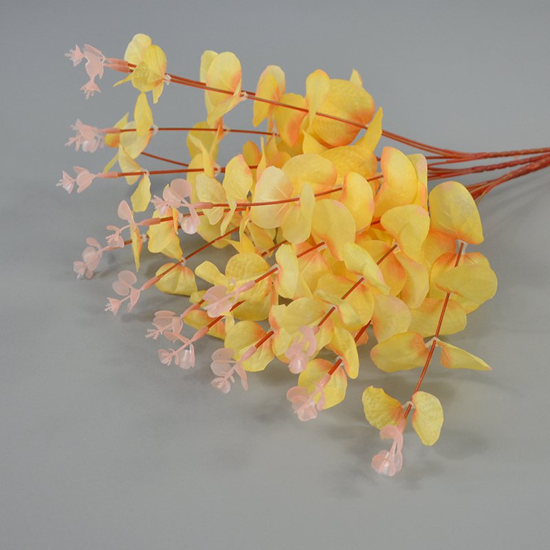New Arrival Artificial 16 Branches Nonwoven Eucalyptus Deep Yellow Artificial Plants Money Leaf Stems Home Christmas Decoration