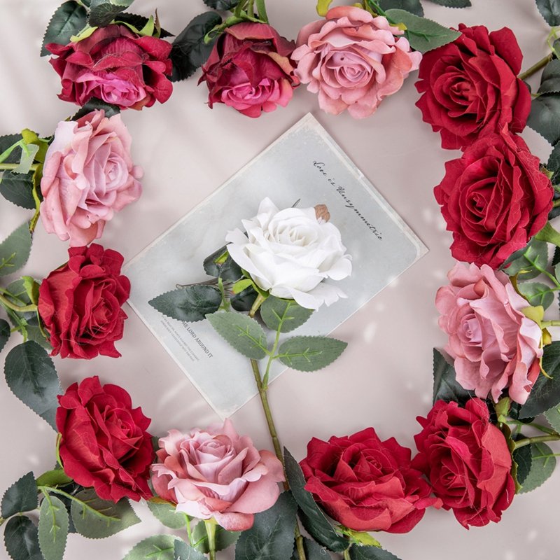 MW03336 Popular Artificial Red Roses Short Stem With One Flower Head Velvet Material For Flower Wall Backdrop Wedding Decoration