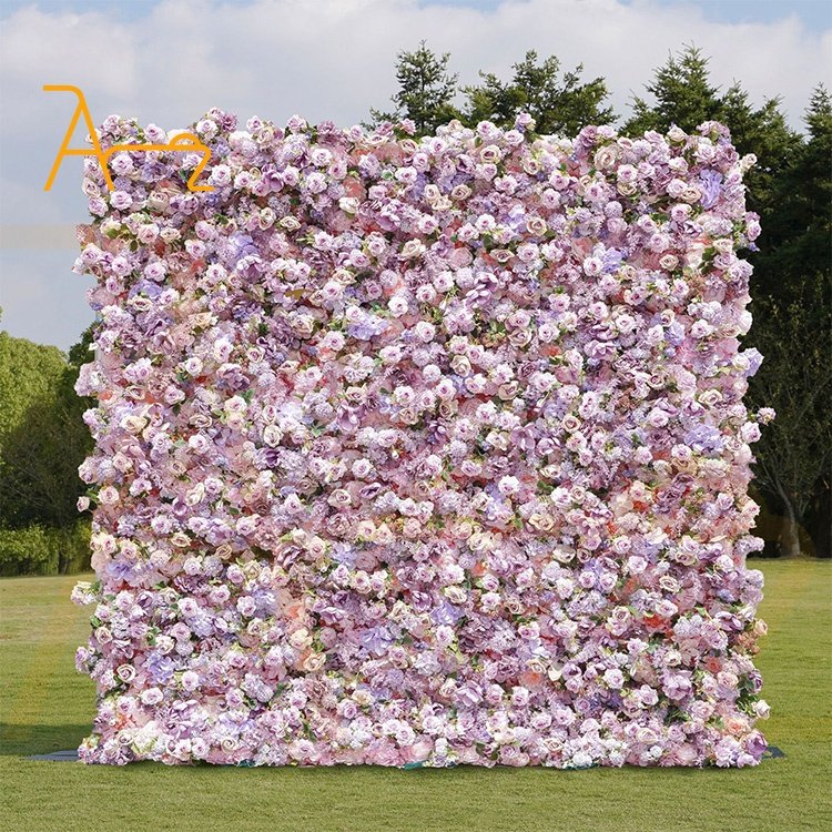 High quality artificial real Wedding decor flower wall rolled up cloth back pink color artificial fabric flower wall backdrop