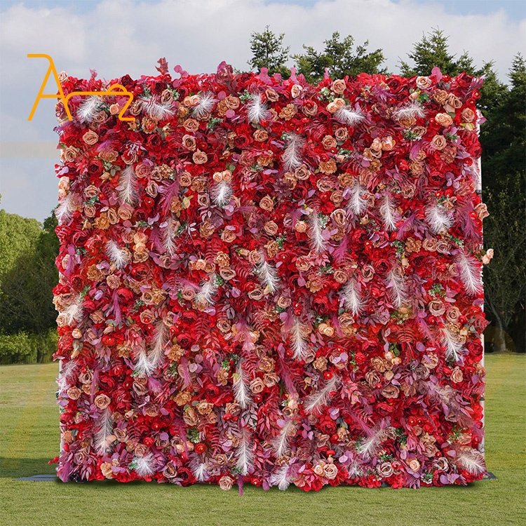 High quality artificial real Wedding decor flower wall rolled up cloth back pink color artificial fabric flower wall backdrop