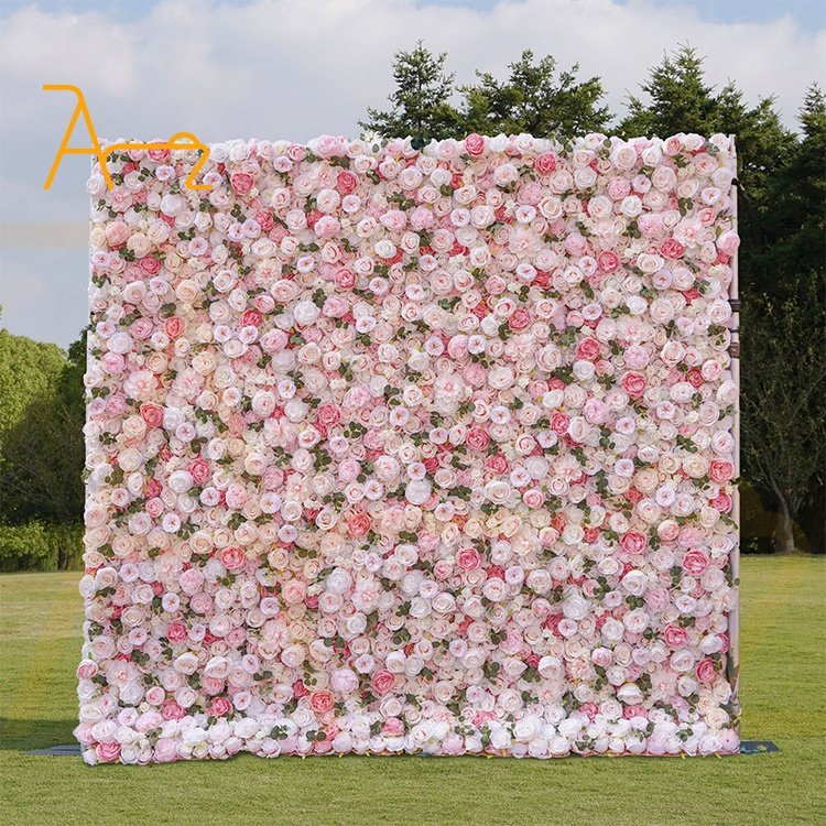 High quality artificial real Wedding decor flower wall rolled up cloth back pink color artificial fabric flower wall backdrop