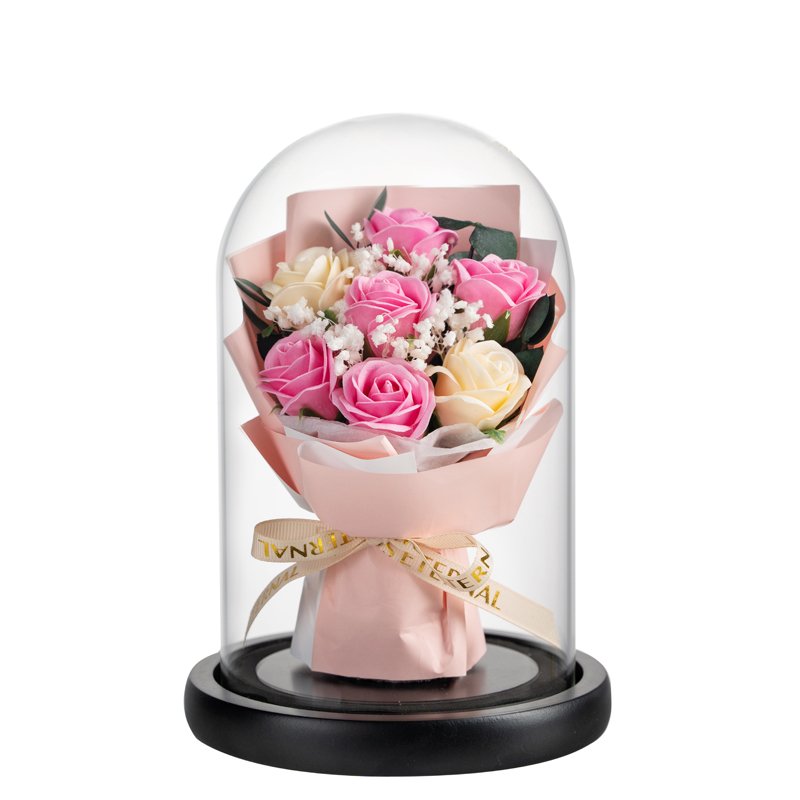 Christmas Valentines Day Gift Preserved Soap Rose Flower Bouquet Artificial Rose in Glass Dome with Led Light for Women Mom