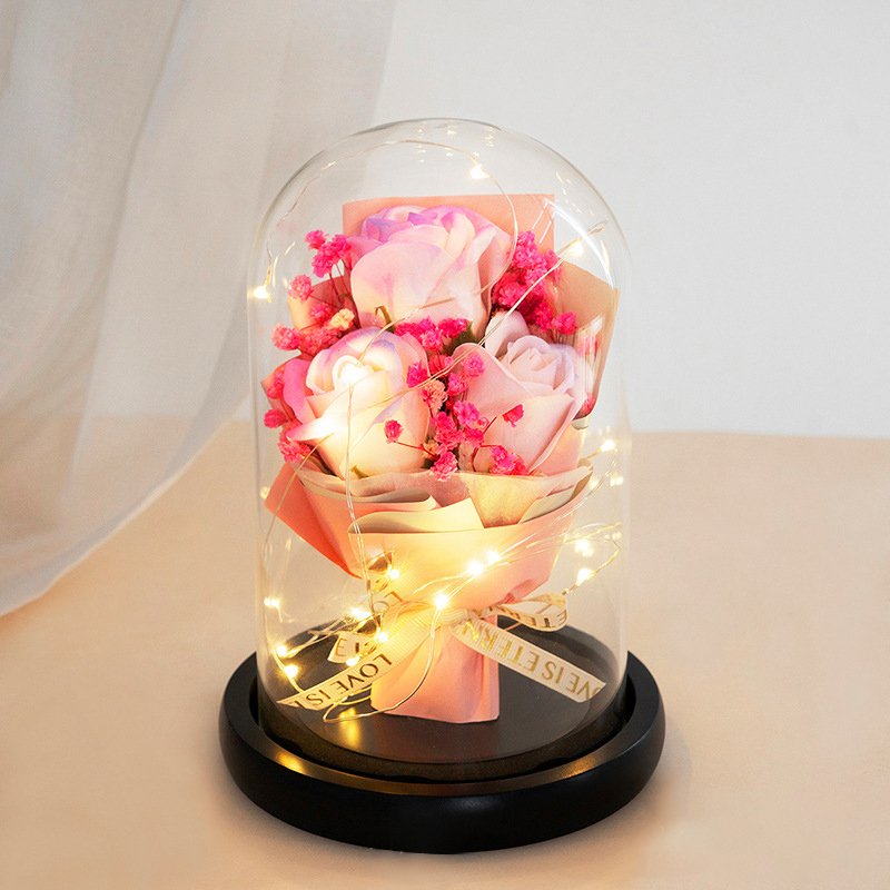 Christmas Valentines Day Gift Preserved Soap Rose Flower Bouquet Artificial Rose in Glass Dome with Led Light for Women Mom