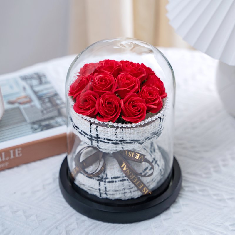 Christmas Valentines Day Gift Preserved Soap Rose Flower Bouquet Artificial Rose in Glass Dome with Led Light for Women Mom