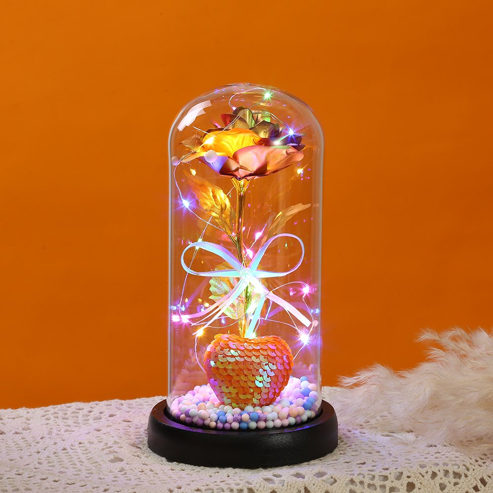 2023 Creative Gifts Enchanted Sparkly LED 24k Golden Galaxy Rose In Glass Dome