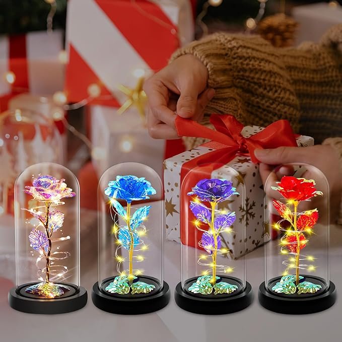 Hot Sale Luxury Colorful Rose Flower In A Glass Dome With Led Light For Decorations Gifts Activities