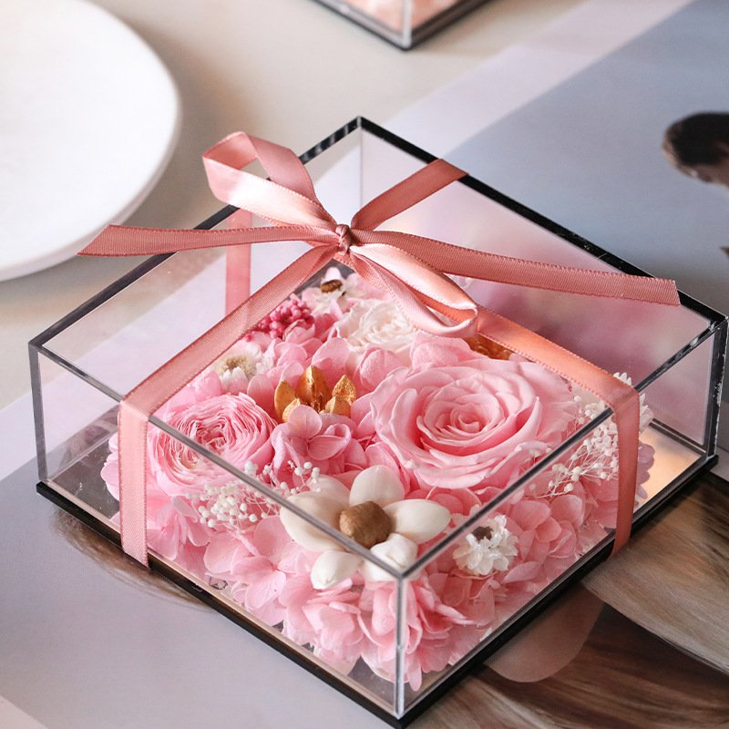 TC High Quality Eternal Flower Gift Ornament Pretty Preserved Flower In Creative Clear Acrylic Gift Box For Valentines Day Gift