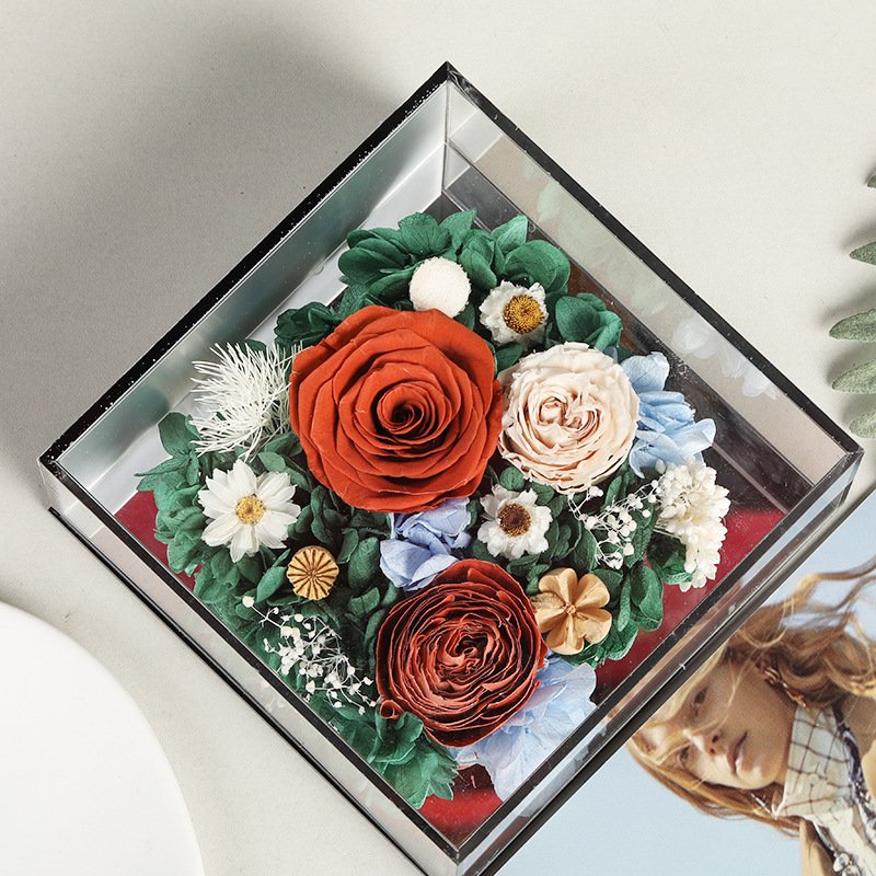 TC High Quality Eternal Flower Gift Ornament Pretty Preserved Flower In Creative Clear Acrylic Gift Box For Valentines Day Gift