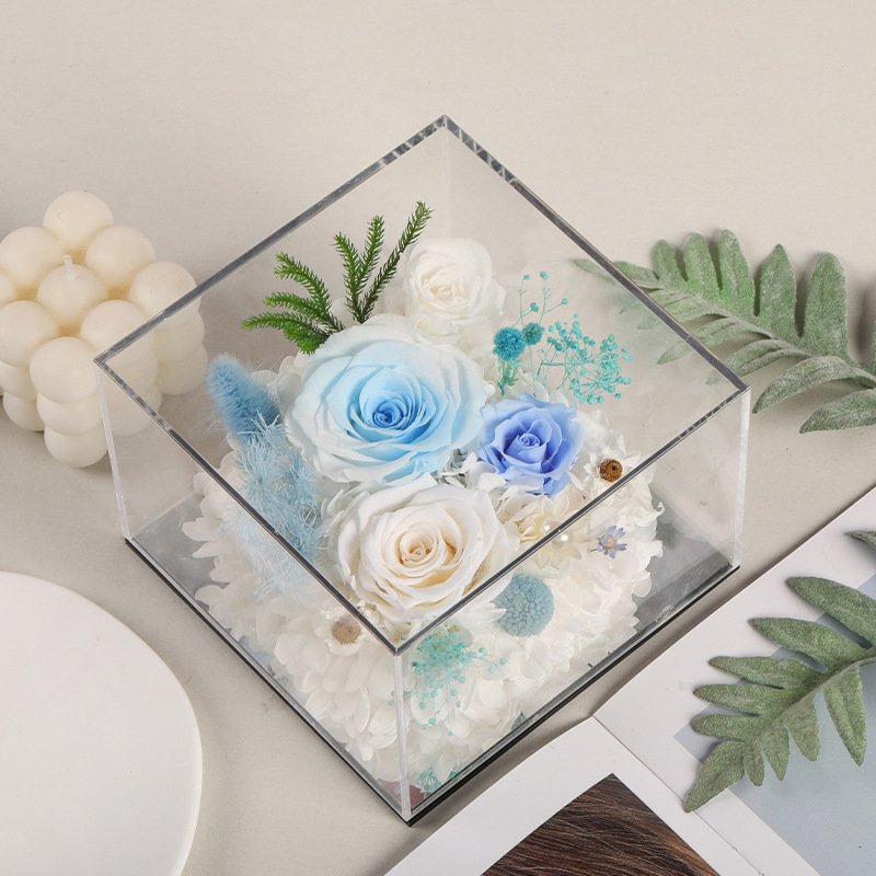 TC High Quality Eternal Flower Gift Ornament Pretty Preserved Flower In Creative Clear Acrylic Gift Box For Valentines Day Gift