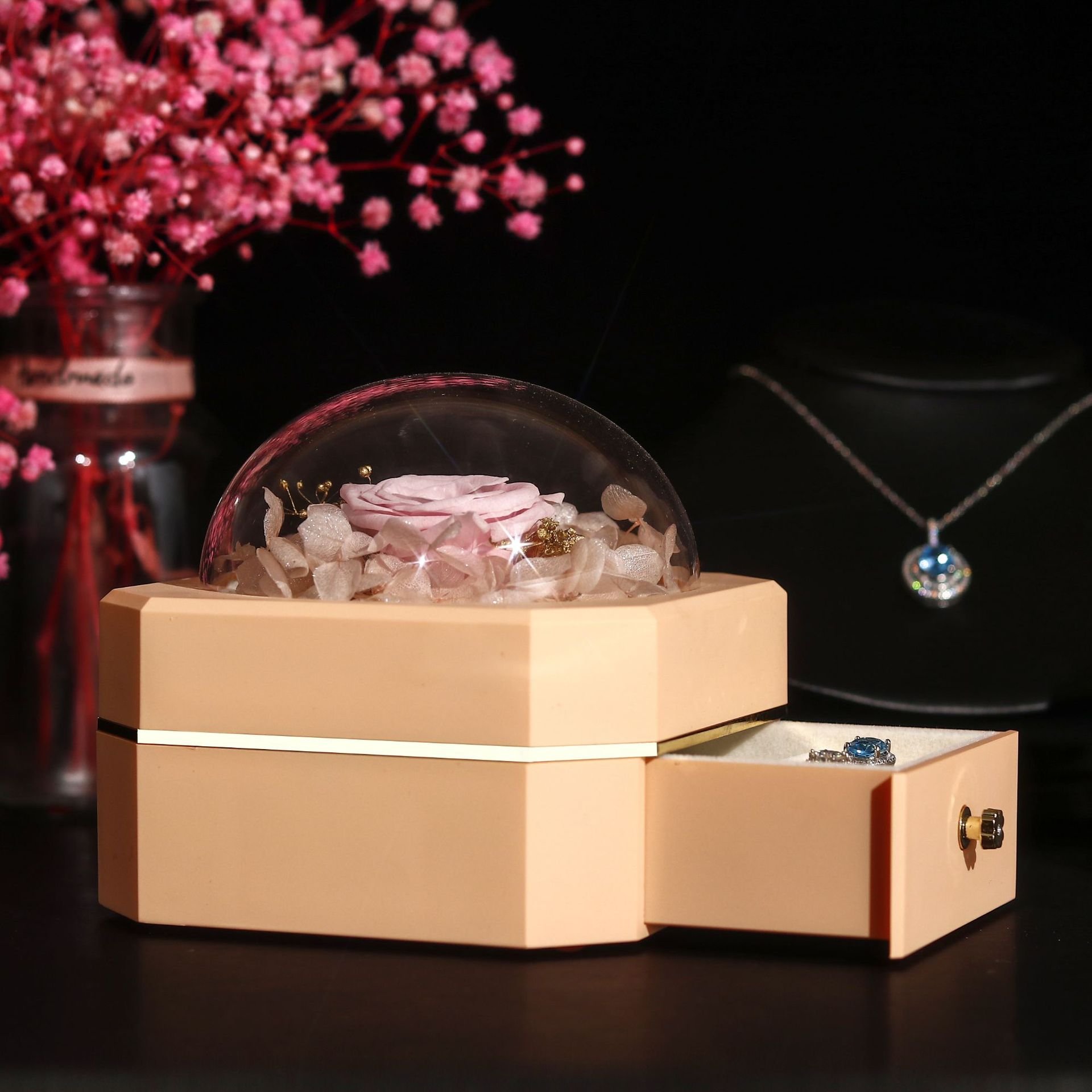 10*14 Holiday Souvenirs Gift LED Handmade Eternal Preserved Flowers Artificial Roses Flowers Decor With Glass Dome Packing