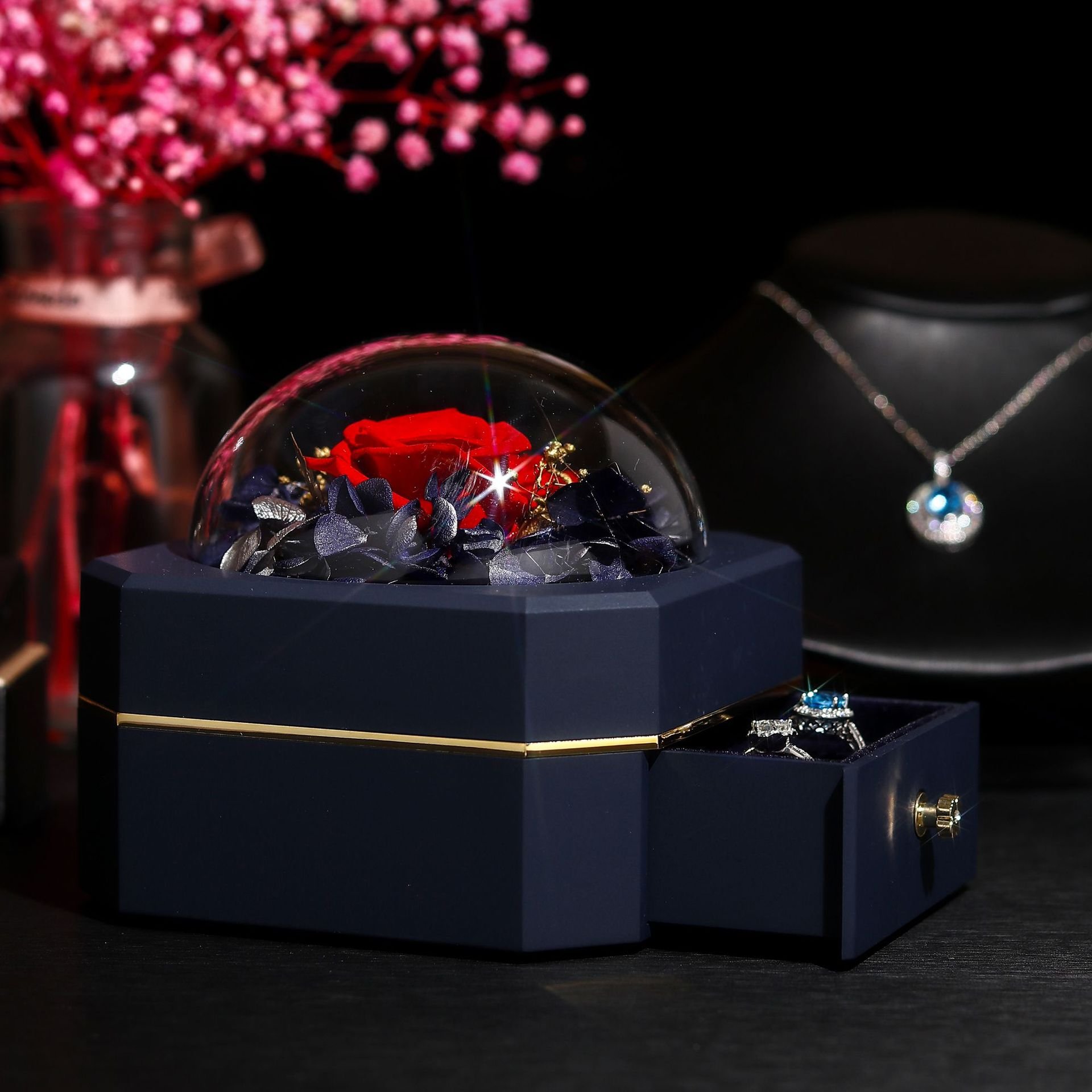 10*14 Holiday Souvenirs Gift LED Handmade Eternal Preserved Flowers Artificial Roses Flowers Decor With Glass Dome Packing