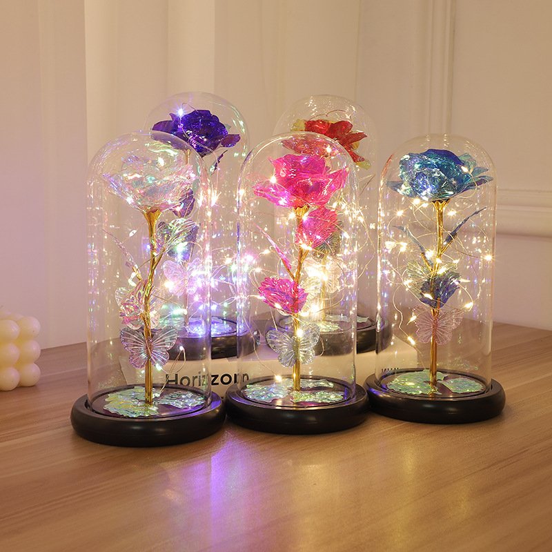 Forever Roses Preserved Roses In Glass Dome Flower with String Lights Artificial Flower Gift Valentine'S Day Gift for Women Girl