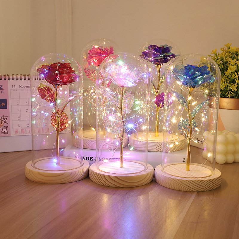 Forever Roses Preserved Roses In Glass Dome Flower with String Lights Artificial Flower Gift Valentine'S Day Gift for Women Girl