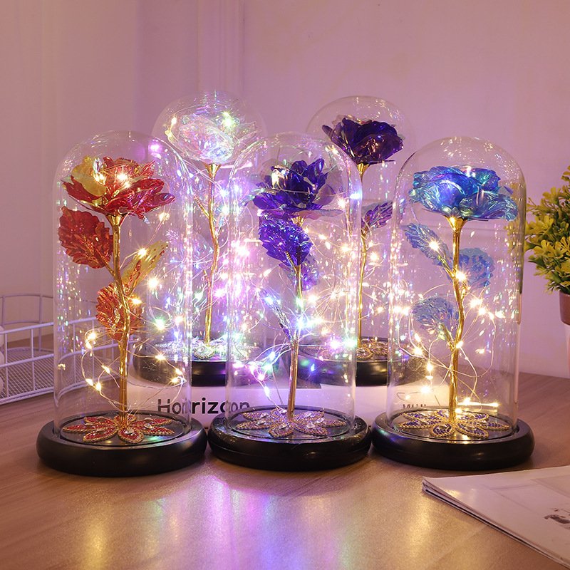 Forever Roses Preserved Roses In Glass Dome Flower with String Lights Artificial Flower Gift Valentine'S Day Gift for Women Girl