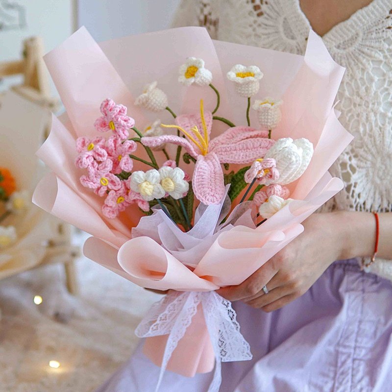 Knitting Yarn Tulip Rose Puffs Woven Artificial Preserved Flower Knitted Crochet Flower Bouquet Valentine Mothers Day Gifts 2024