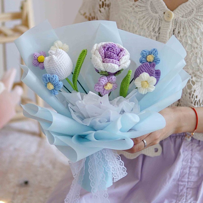 Knitting Yarn Tulip Rose Puffs Woven Artificial Preserved Flower Knitted Crochet Flower Bouquet Valentine Mothers Day Gifts 2024