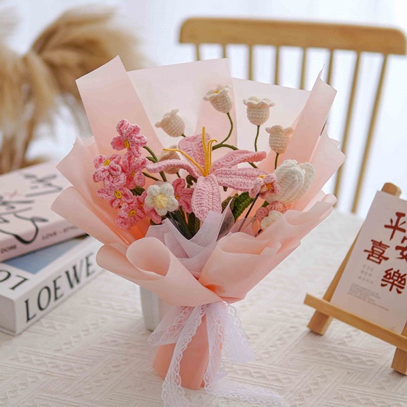 Knitting Yarn Tulip Rose Puffs Woven Artificial Preserved Flower Knitted Crochet Flower Bouquet Valentine Mothers Day Gifts 2024