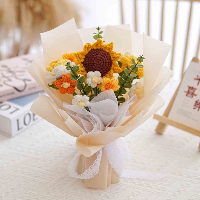Knitting Yarn Tulip Rose Puffs Woven Artificial Preserved Flower Knitted Crochet Flower Bouquet Valentine Mothers Day Gifts 2024