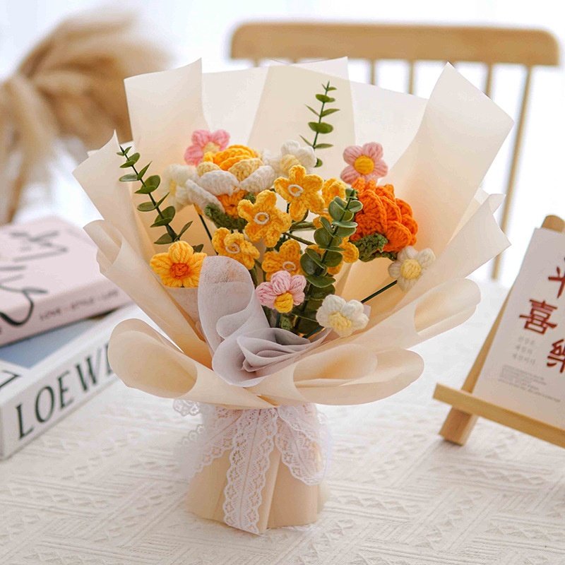 Knitting Yarn Tulip Rose Puffs Woven Artificial Preserved Flower Knitted Crochet Flower Bouquet Valentine Mothers Day Gifts 2024