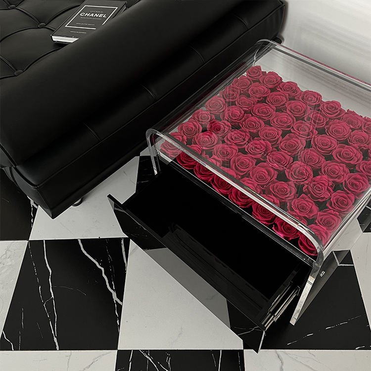 Customization High Quality Luxury Square Bedside Table Modern Wedding Decoration Acrylic Table Eternal Preserve Flower Roses