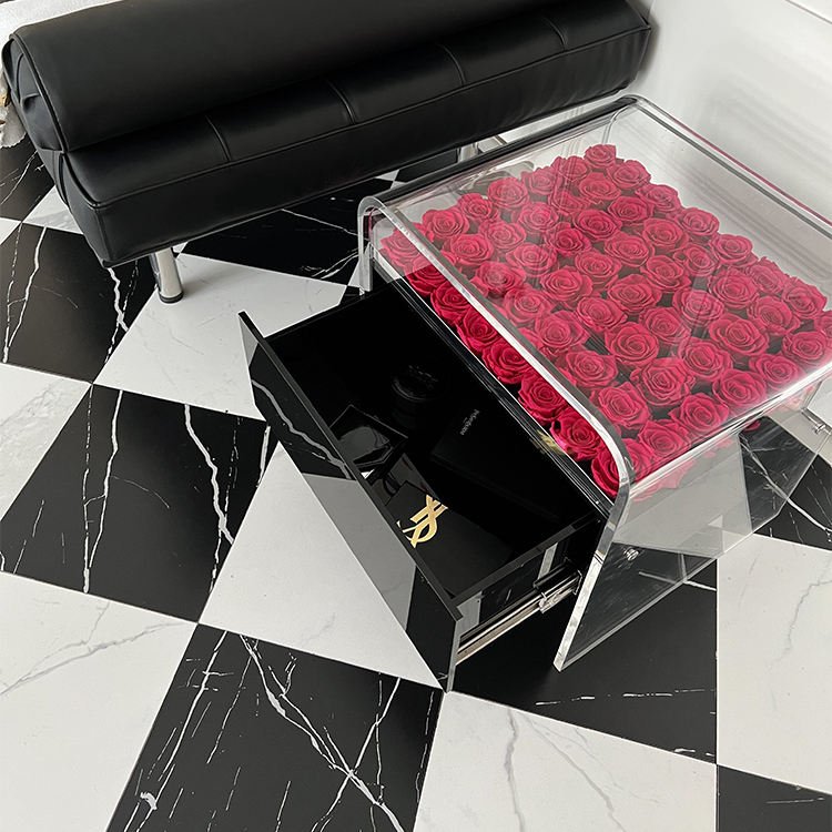 Customization High Quality Luxury Square Bedside Table Modern Wedding Decoration Acrylic Table Eternal Preserve Flower Roses