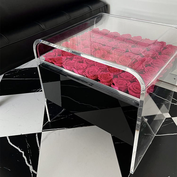 Customization High Quality Luxury Square Bedside Table Modern Wedding Decoration Acrylic Table Eternal Preserve Flower Roses