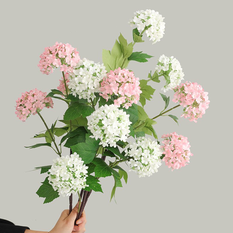 Wholesale Pink 3 Heads Wooden Hydrangea Artificial Flowers Bouquet For Home Decoration