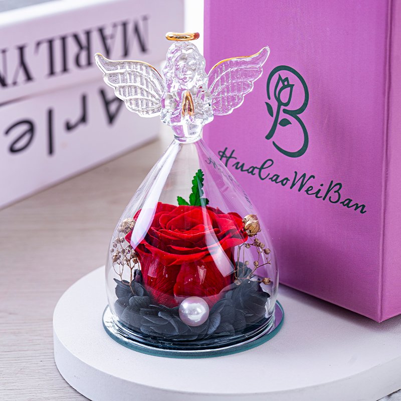 Little Angel Real Flower Glass Cover Natural Fresh Preserved Eternal Christmas Halloween Graduation Valentine's Day Mother's Day
