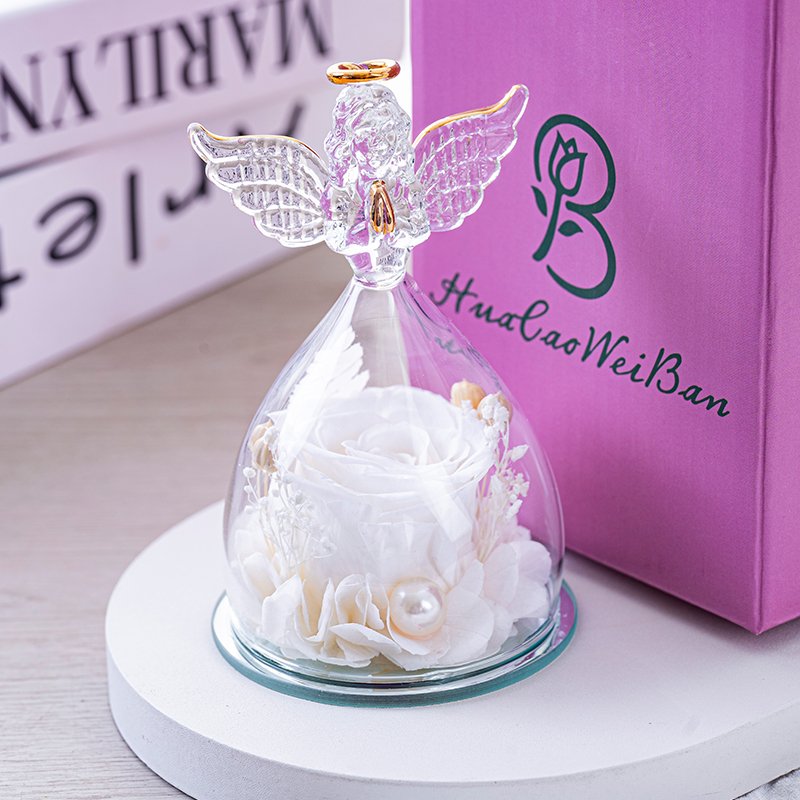 Little Angel Real Flower Glass Cover Natural Fresh Preserved Eternal Christmas Halloween Graduation Valentine's Day Mother's Day