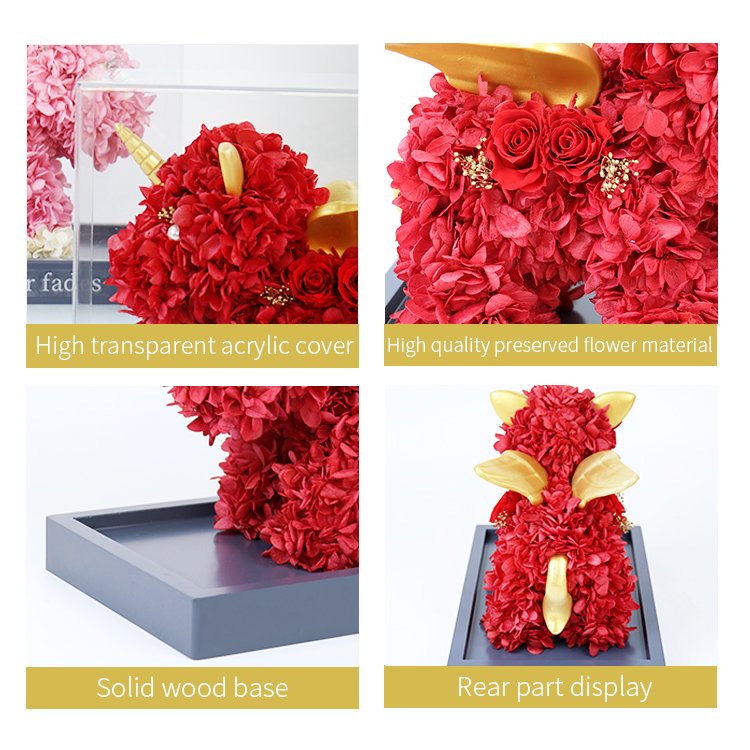 YS-050 2022 Wholesale Unicorn eternal flower rose bear Preserved Flower Gift Box Fresh Rose Unicorn with Acrylic Box