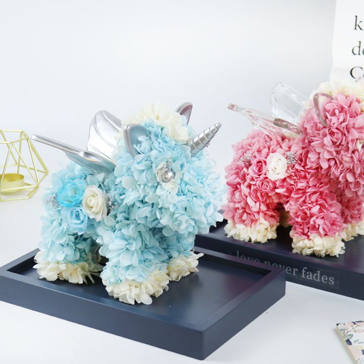 YS-050 2022 Wholesale Unicorn eternal flower rose bear Preserved Flower Gift Box Fresh Rose Unicorn with Acrylic Box