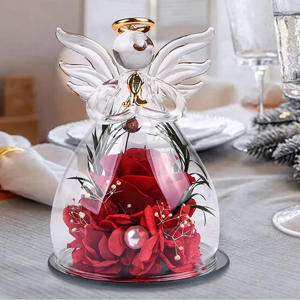 Wholesale Stabilized Decorative Colorful Infinity Preserved Flower Rose in Angel Glass for Mother'S Day Valentine'S Day Gifts