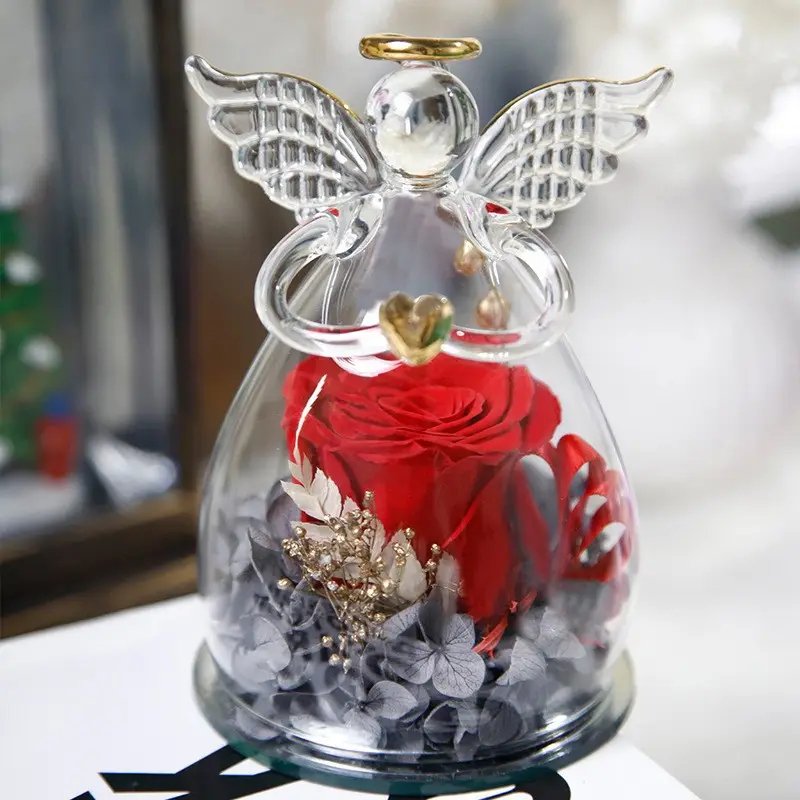 Wholesale Stabilized Decorative Colorful Infinity Preserved Flower Rose in Angel Glass for Mother'S Day Valentine'S Day Gifts