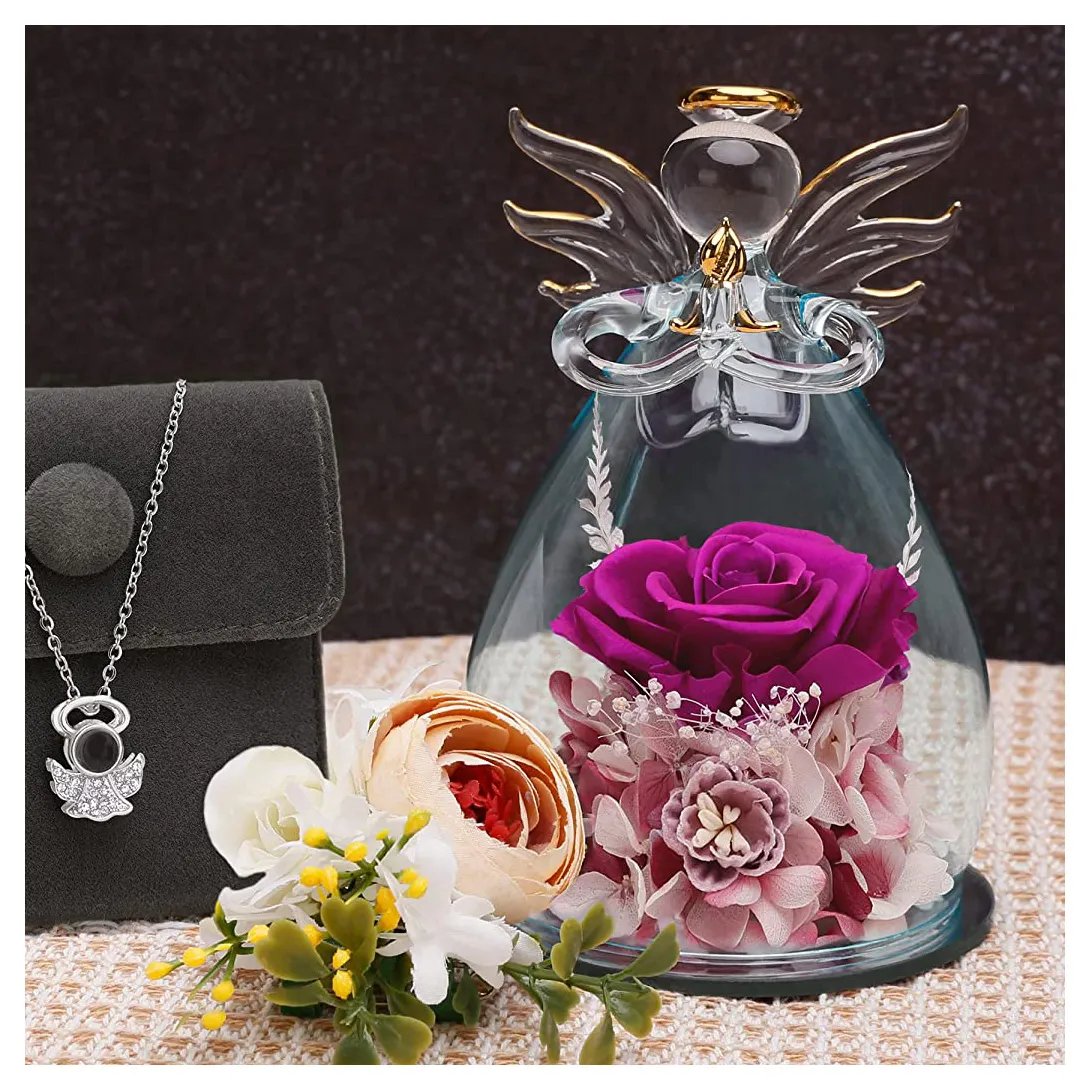 Wholesale Stabilized Decorative Colorful Infinity Preserved Flower Rose in Angel Glass for Mother'S Day Valentine'S Day Gifts