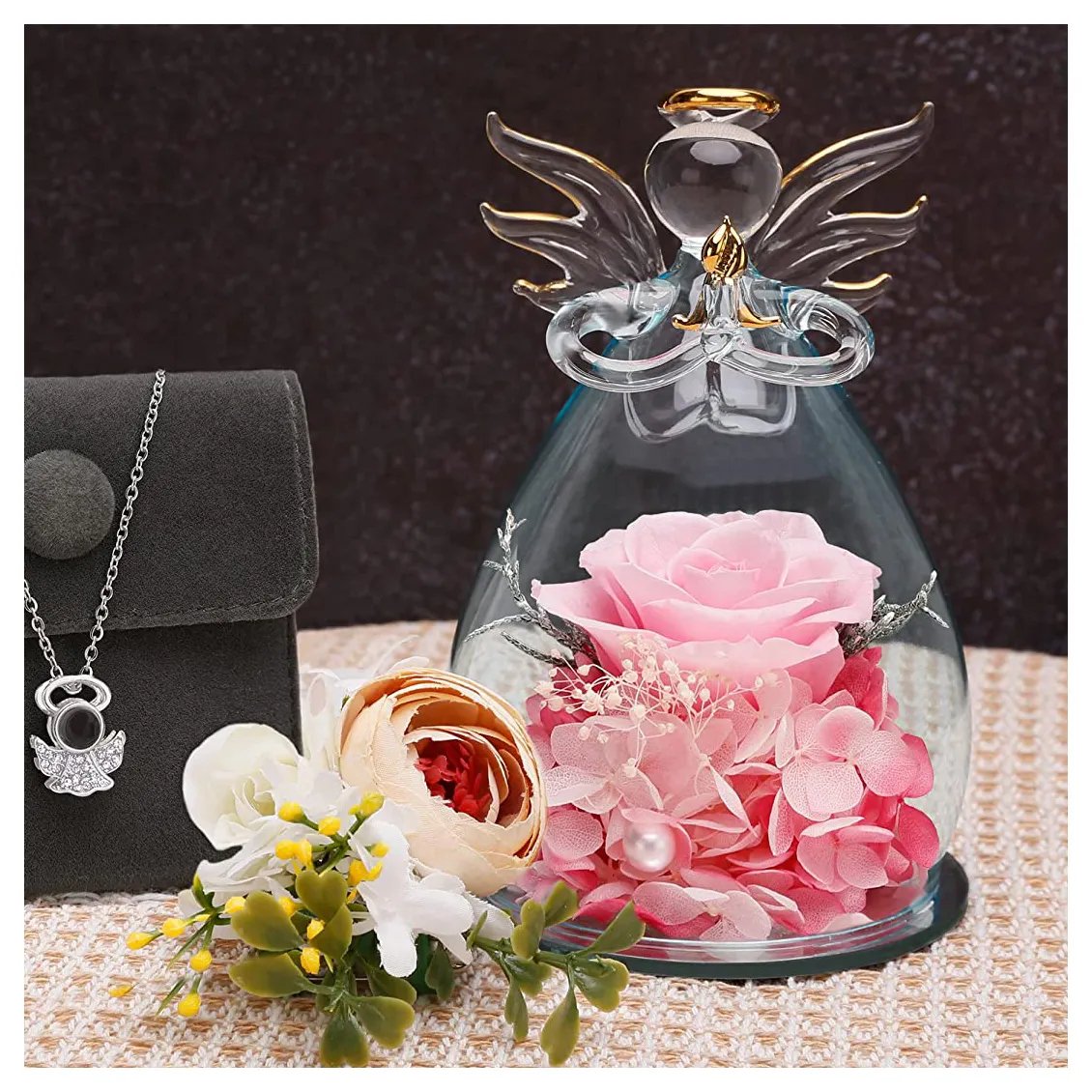 Wholesale Stabilized Decorative Colorful Infinity Preserved Flower Rose in Angel Glass for Mother'S Day Valentine'S Day Gifts