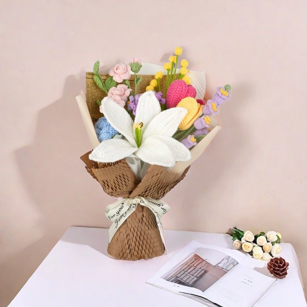 Wedding Bouquet Eternity Rose Knitted Flowers Hand-Knit Forever Roses Preserved Eternal Artificial Handmade Crochet Bunny Flower