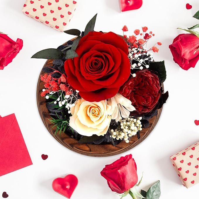 Wholesale Forever Preserved Roses Flowers In Round Glass Dome With Led Lights For Christmas Valentine's Day Gifts