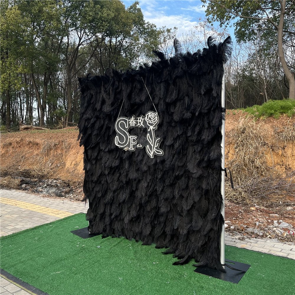 SPR Bridesmaids Bouquet Decorative Fabric Roll Up Artificial Black Feather Wall Backdrop Panel For Wedding Decoration