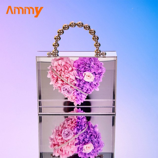 Ammy Factory Valentine's Day gifts immortal Rose flower Acrylic Clear hand bag box finished ornaments Preserved Roses Flower