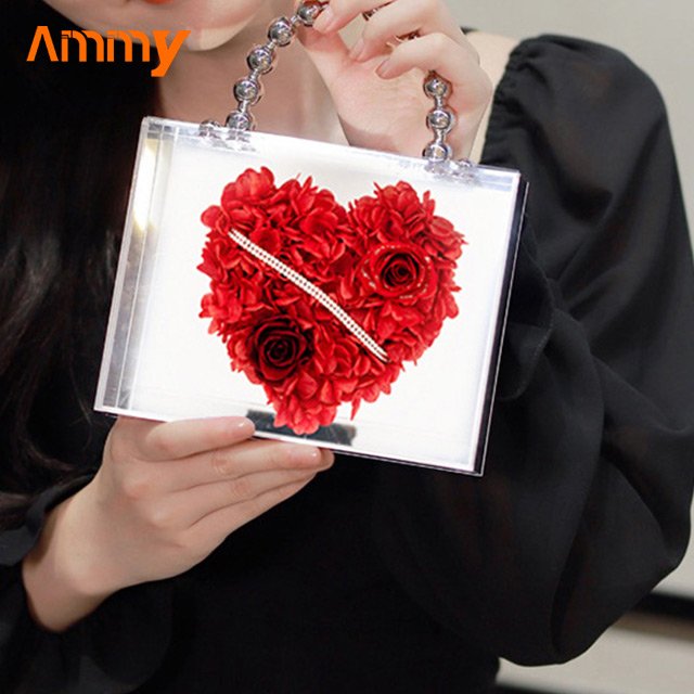 Ammy Factory Valentine's Day gifts immortal Rose flower Acrylic Clear hand bag box finished ornaments Preserved Roses Flower