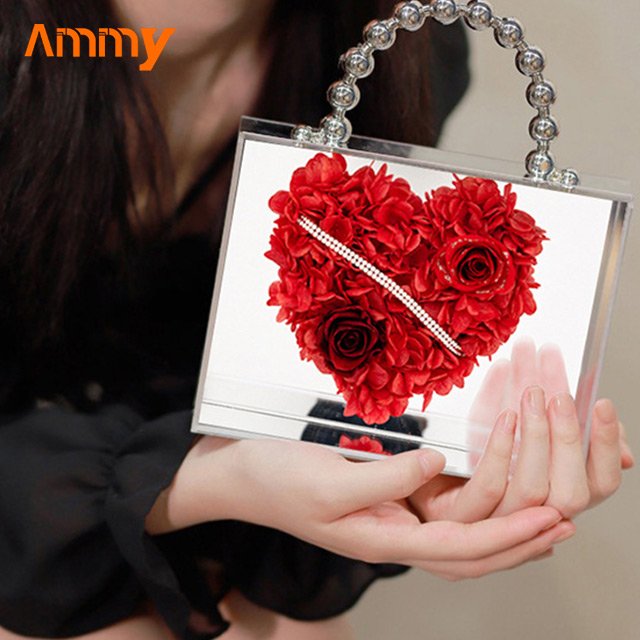 Ammy Factory Valentine's Day gifts immortal Rose flower Acrylic Clear hand bag box finished ornaments Preserved Roses Flower