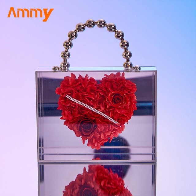 Ammy Factory Valentine's Day gifts immortal Rose flower Acrylic Clear hand bag box finished ornaments Preserved Roses Flower