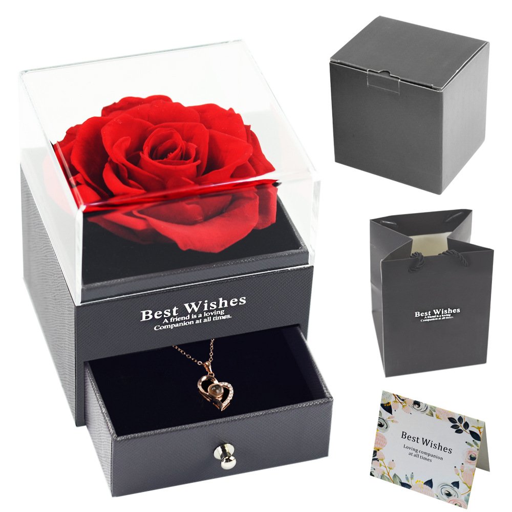 Preserved Real Rose That Lasts Forever with Necklace Gift for Valentine's Day Wedding Anniversary Birthday