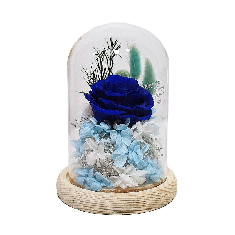 Real Preserved Blue Glass Rose with Wood Base for Christmas Valentine's Day Graduation New Year Easter Mother's Day Celebrations