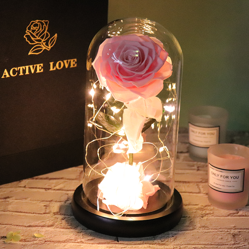 Natural Roses Belle Enchanted Mothers Day Gift Box Decor Everlasting Forever Eternal Rose Preserved Flower In Glass Dome Led