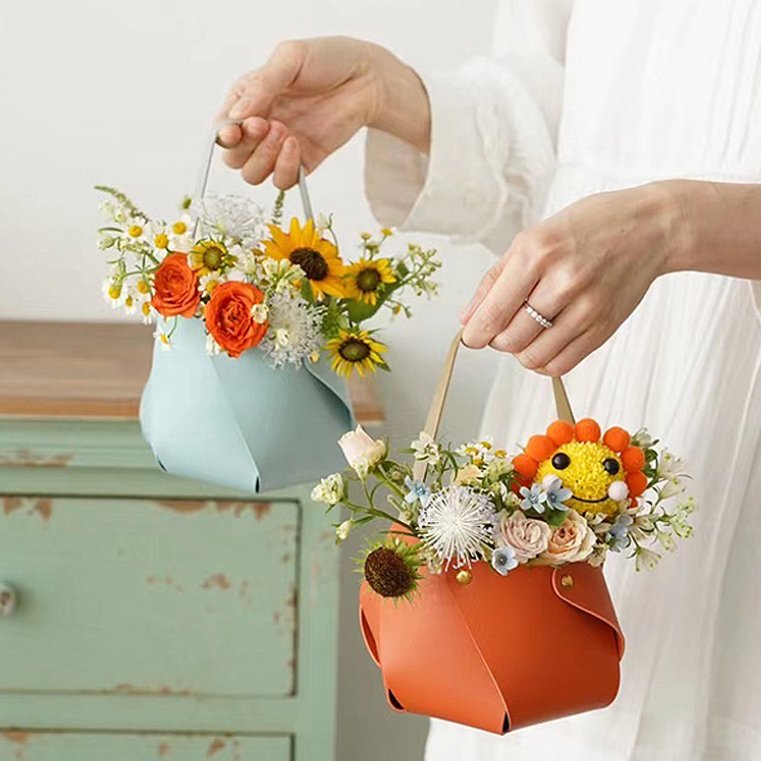 DIY leather rose bouquet preserved flowers arrangement artificial leather flower basket wedding flowers box wedding decoration